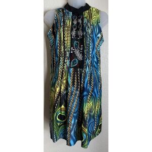 Lucky & Coco Womens S Tunic Top Blue Peacock Print Embroidered Jeweled Mock Neck